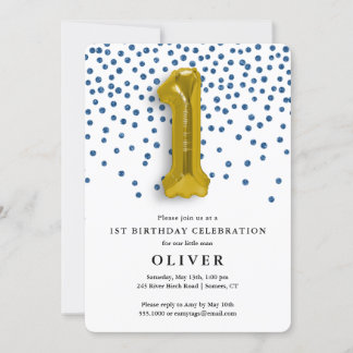 1. Geburtstag Royal Blue Confetti und Gold Balloon Einladung