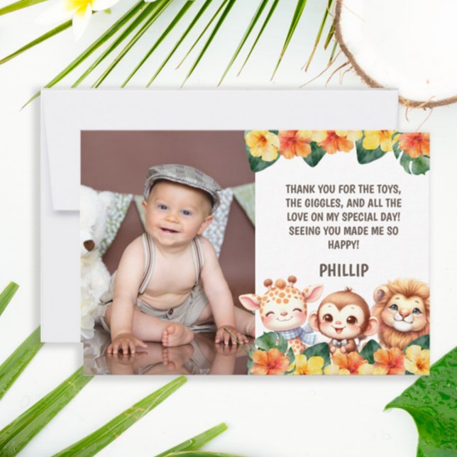 1. Geburtstag Safari Lion Giraffe Monkey Foto Dankeskarte (Cute safari/Wild One 1st birthday photo thank you card.)