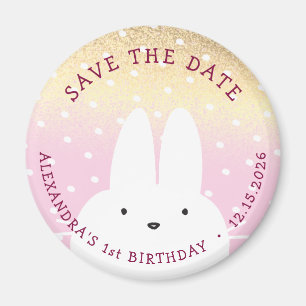 1. Geburtstag Save The Date Winter Hase Rosa Gold Magnet