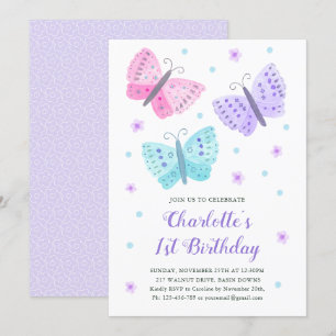 1. Geburtstag Schmetterling Blume Wasserfarbe Lila Einladung