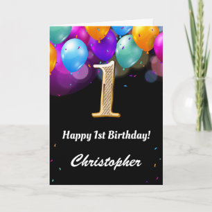 1. Geburtstag Schwarz und Gold farbige Ballons Karte