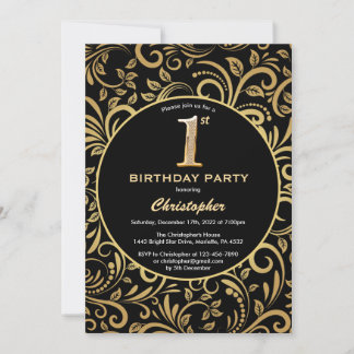 1. Geburtstag Schwarz und Gold Floral Muster Einladung