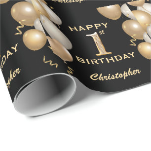 1. Geburtstag Schwarz und Gold Glitterballons Geschenkpapier