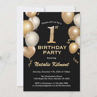 1. Geburtstag Schwarz und Gold Glitzer Balloons Einladung