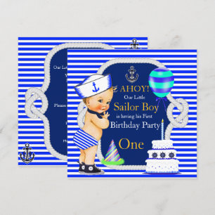 1. Geburtstag Seglerjunge Navy Blau gestreift Blon Einladung