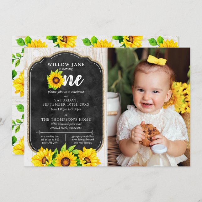 1. Geburtstag Sonnenblume & Rustikales Foto Einladung (Vorne/Hinten)