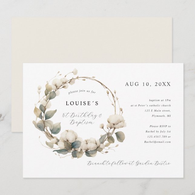 1. Geburtstag Taufe Baumwolle & Eukalyptuskranz Einladung (Vorne/Hinten)