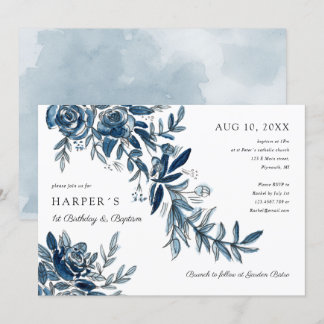 1. Geburtstag Taufe blaue Aquarellblume Einladung