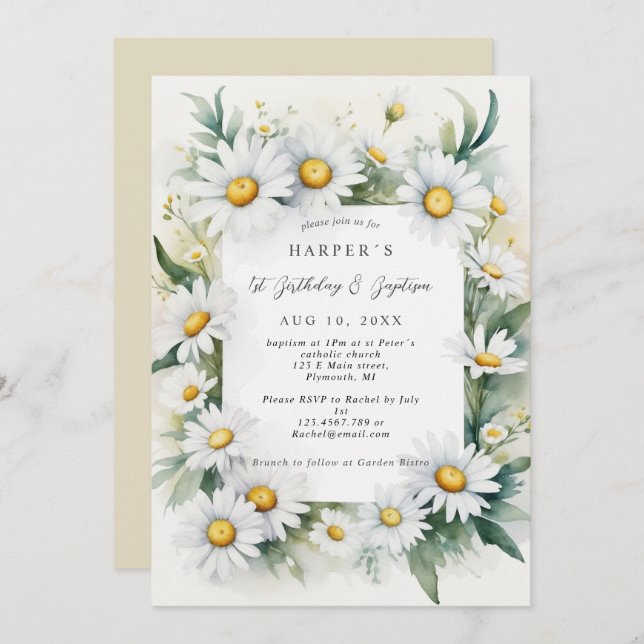 1. Geburtstag Taufe daisme Blume Einladung (Vorne/Hinten)