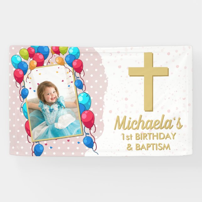1. Geburtstag Taufe Pink Girl Gold Text Foto Banner (Horizontal)