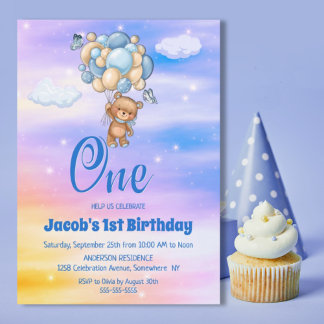 1. Geburtstag Teddy Bear Blue Balloons Party Einladung