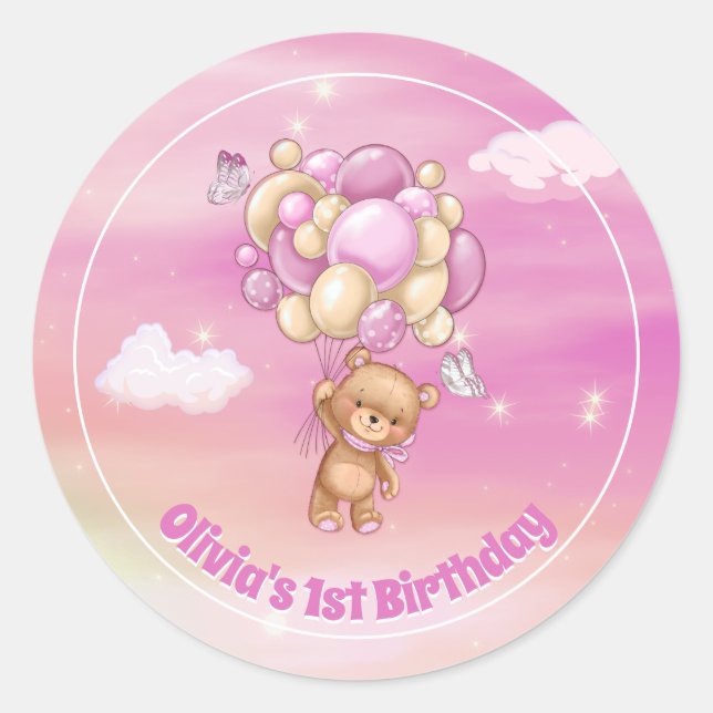 1. Geburtstag Teddy Bear Pink Balloons Runder Aufkleber (Vorderseite)