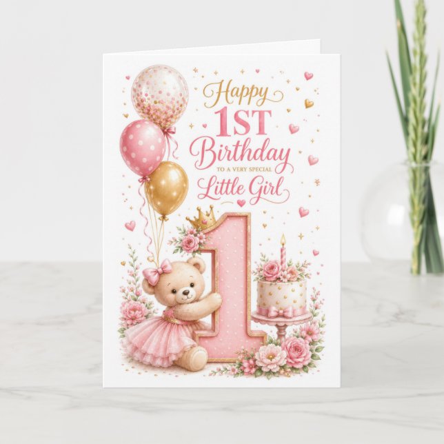 1. Geburtstag Teddy Mädchen Karte (Vorderseite)