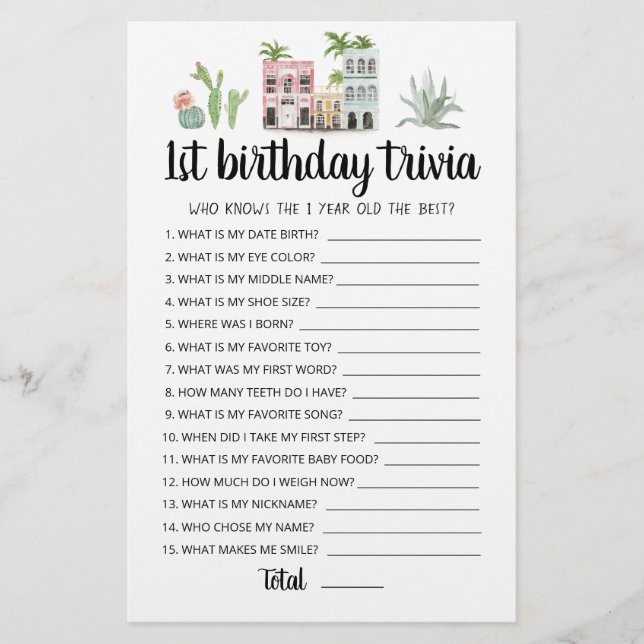 1. Geburtstag Trivia editierbares Spiel (Vorderseite)