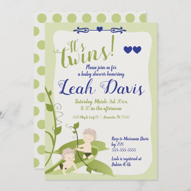 1. Geburtstag, Twins Baby Dusche Platterbsen Junge Einladung (Vorne/Hinten)