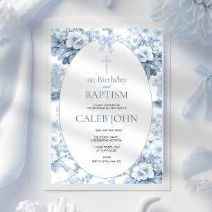 1. Geburtstag und Taufe für Boy Blue Toile Einladung