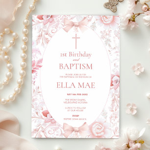 1. Geburtstag und Taufe für Girl Pink Toile Einladung