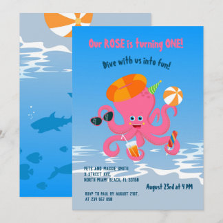 1. Geburtstag unter dem Party eines Oktopus-Mädche Einladung
