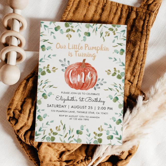 1. Geburtstag Wasserfarbe Pumpkin & Eukalyptus Einladung (Von Creator hochgeladen)