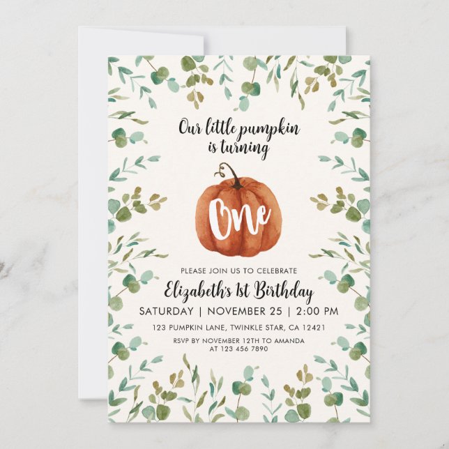 1. Geburtstag Wasserfarbe Pumpkin & Eukalyptus Einladung (Vorderseite)