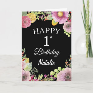 1. Geburtstag Wasserfarben Blume Schwarze Karte