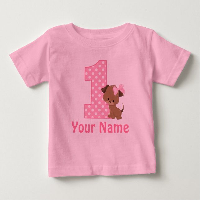 1. Geburtstag Welpenpink Personalisiert Baby T-shirt (Vorderseite)