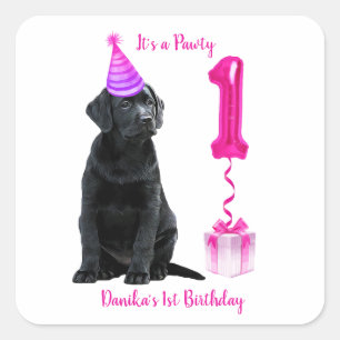 1. Geburtstag Welpenthema - Niedlicher Hund Pink G Quadratischer Aufkleber
