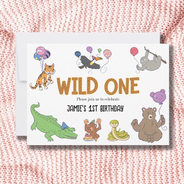 1. Geburtstag Wild One Jungle Safari Tiere Einladung (Safari 1st birthday invitations. Wild one theme with jungle animals.)