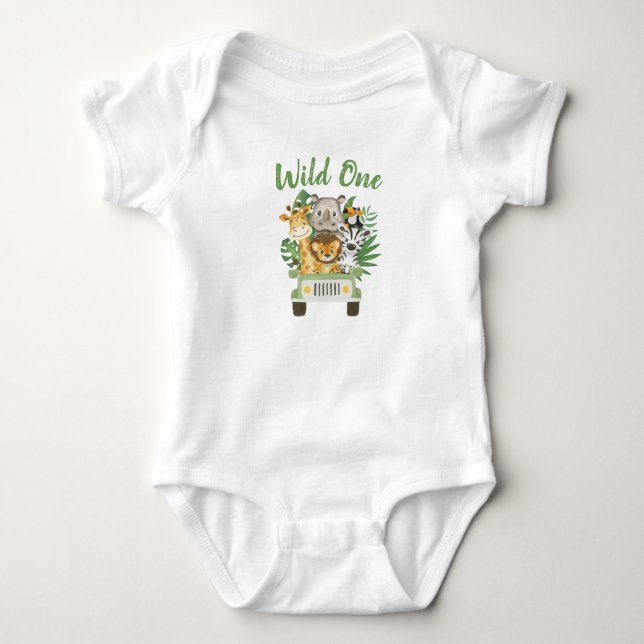 1. Geburtstag Wild One Jungle Safari Tiere im Auto Baby Strampler (Vorderseite)