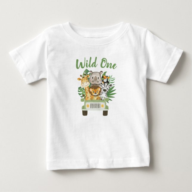 1. Geburtstag Wild One Jungle Safari Tiere im Auto Baby T-shirt (Vorderseite)