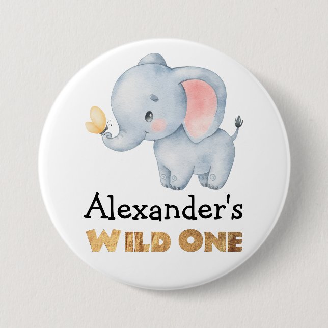 1. Geburtstag Wild One Safari Elephant Themed Button (Vorderseite)