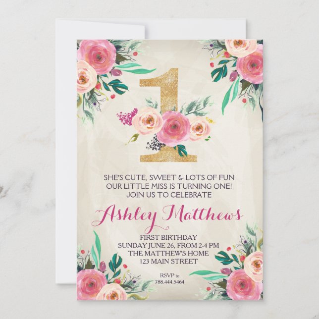 1. Geburtstag ZUERST schöne Blumeneinladung, Einladung (Vorderseite)