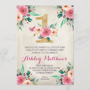 1. Geburtstag ZUERST schöne Blumeneinladung, Einladung