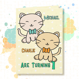 1. Geburtstag Zwillingsjungen Süße Katze Cartoon N Karte