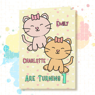 1. Geburtstag Zwillingsmädchen Süße Katze Cartoon Karte