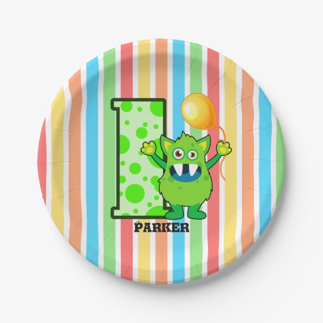 1. Geburtstags-grüne Monster-Gewohnheit Pappteller (Vorderseite)