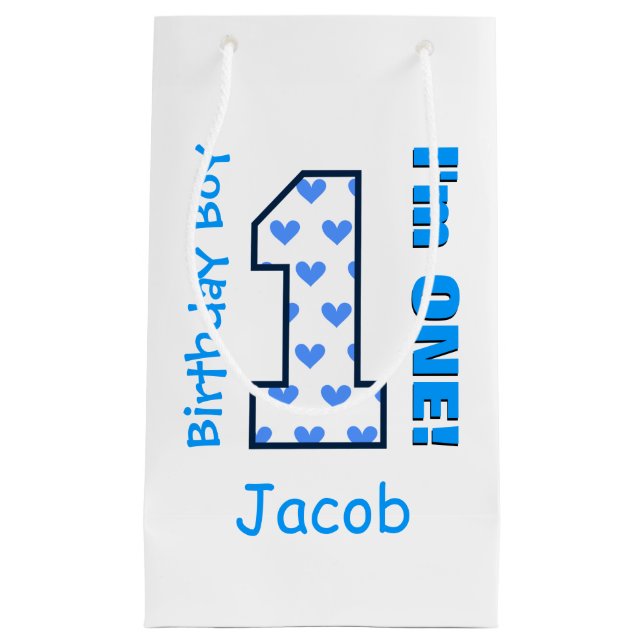 1. Geburtstags-Jungen-blaue Herzen ein jähriges Kleine Geschenktüte (Vorderseite)