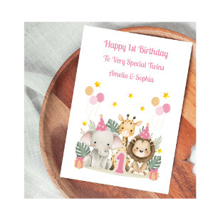 1. Geburtstags-Jungle-Tiere - Twin Girls Card Karte