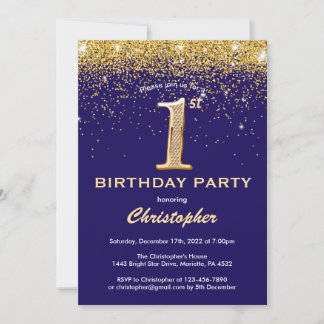 1. Geburtstags Navy Blue and Gold Glitzer Confett Einladung