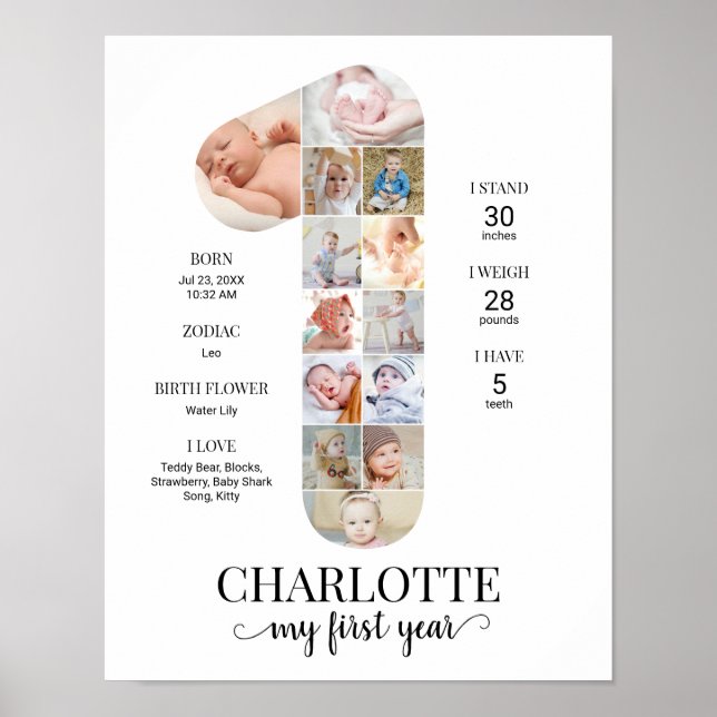 1. Geburtstags Nummer 1 Meilenstein Baby Fotocolla Poster (Vorne)