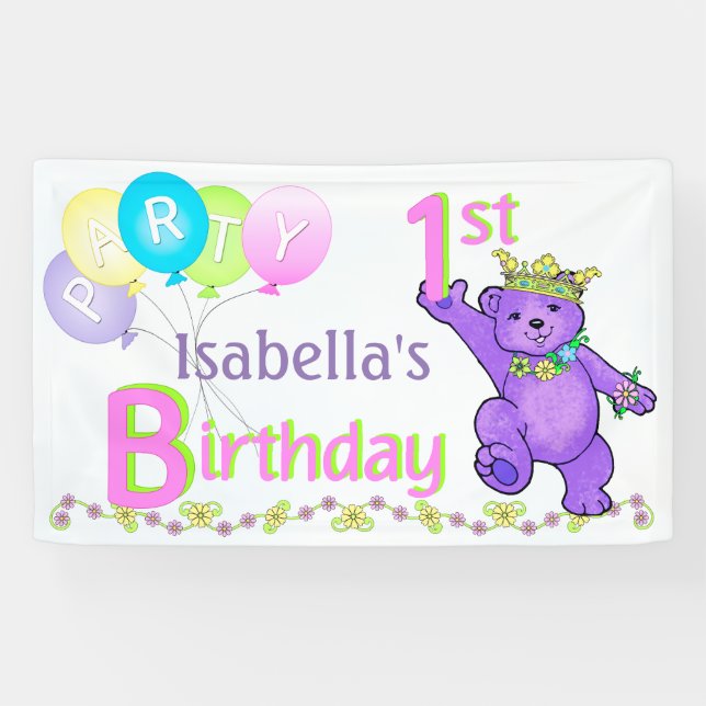 1. Geburtstags-Party-glückliche Prinzessin Bear Banner (Horizontal)