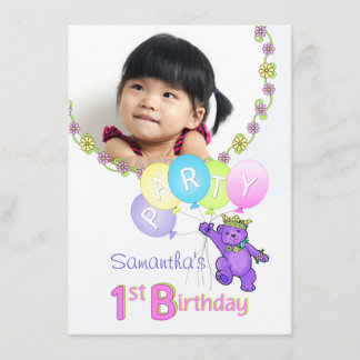 1. Geburtstags-Party-lila Prinzessin Bear mit Foto Einladung