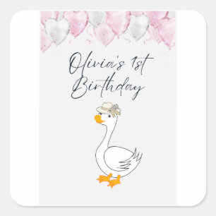 1. Geburtstags-Sticker-Paket Süße Ente & Luftbal Quadratischer Aufkleber