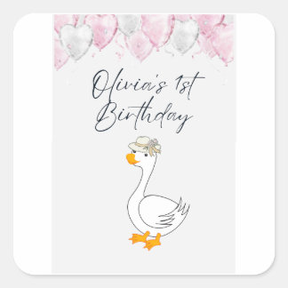 1. Geburtstags-Sticker-Paket | Süße Ente & Luftbal Quadratischer Aufkleber