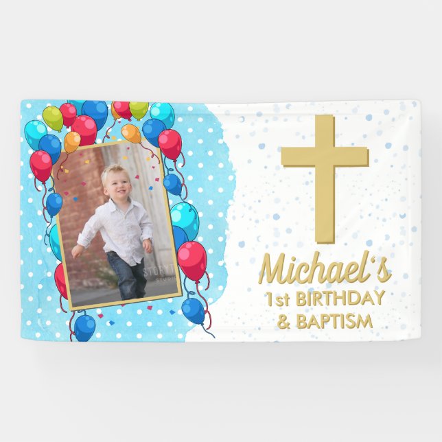 1. Geburtstags-Taufe Blau Junge Gold Text Foto Banner (Horizontal)
