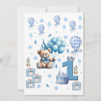 1. Geburtstags-Teddybär Blau Einladung