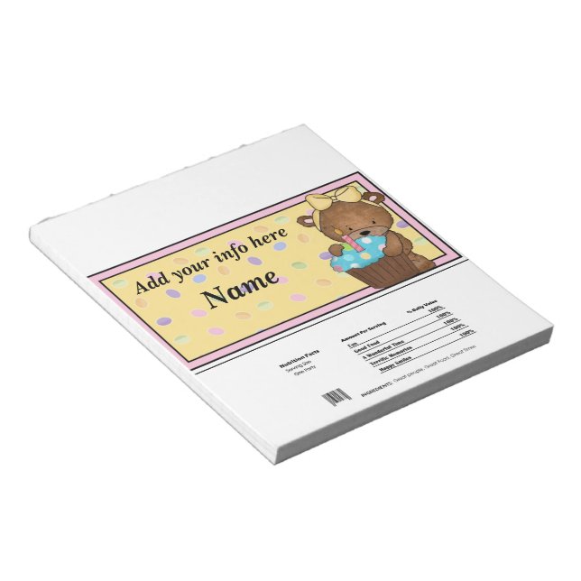 1. Geburtstagsbär Candy Bar Wrapper Gastgeschenke Notizblock (angewinkelt)