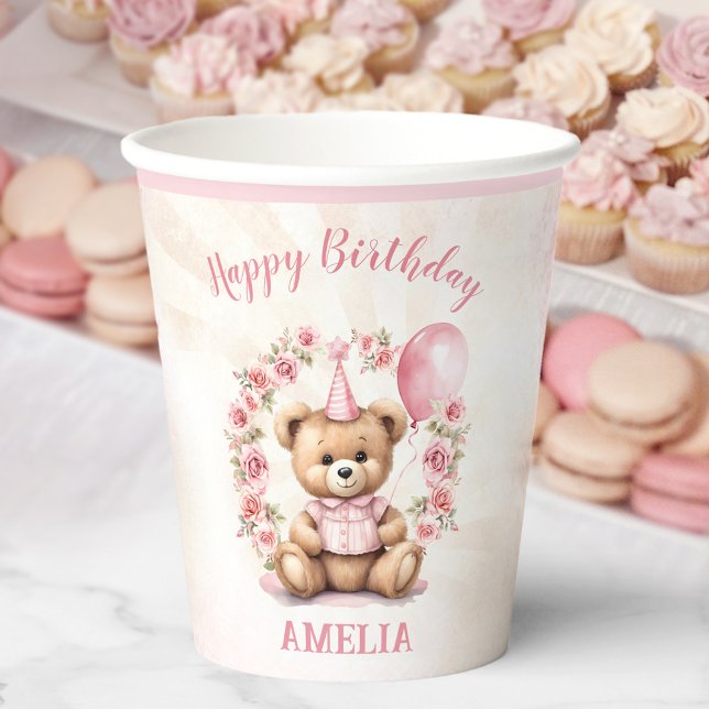 1. Geburtstagsbär Pink Roses Paper Cups Pappbecher (1st Birthday Bear Pink Roses Paper Cups)