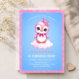 1. Geburtstagseinladung Mädchen Pinguin Prinzessin Einladung