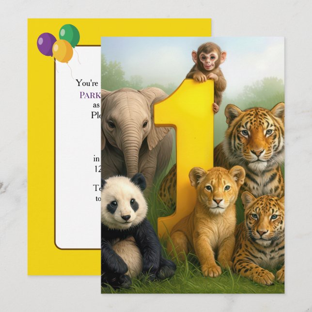 1. Geburtstagsfeier Wildtier-Babys Einladung (Vorne/Hinten)